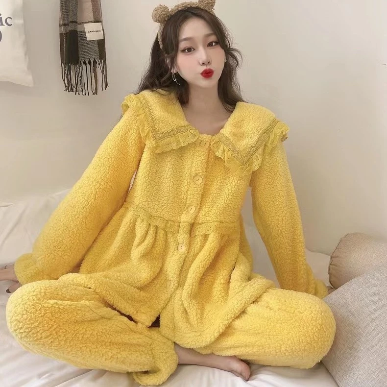 秋冬日系蕾丝娃娃领可爱加厚加绒棉花绒睡衣女羊羔绒保暖家居服