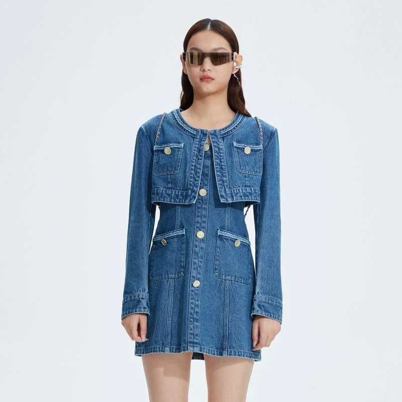 REVAN芮范复古风牛仔短外套吊带连衣裙RN11102138