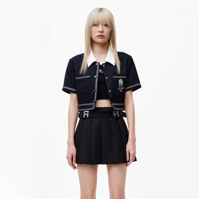 REVAN芮范设计师款学院风藏青色短袖外套RN30105024