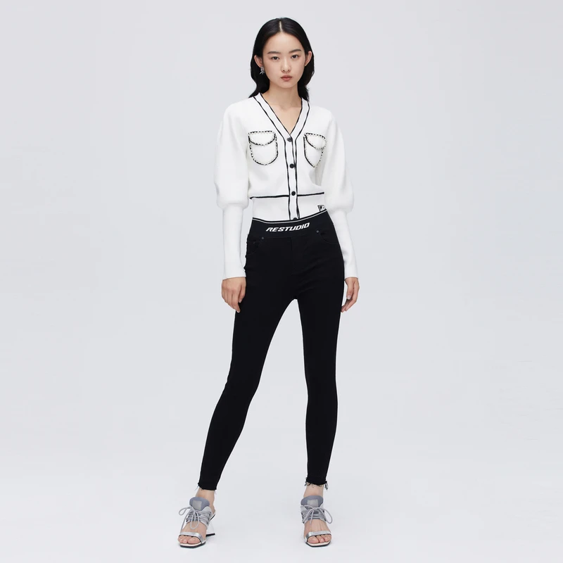 【达人播专属】REVAN芮范高腰款水黑色百搭打底牛仔裤O11302098