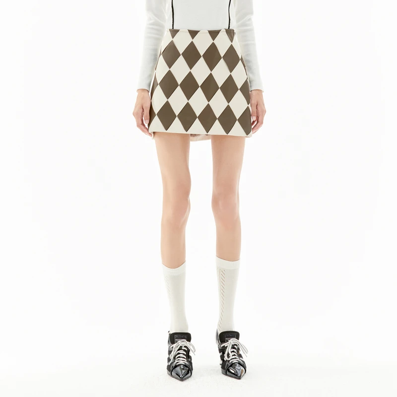 【备用链接】REVAN芮范冬季设计师款复古格纹小羊皮短裙RU91501226