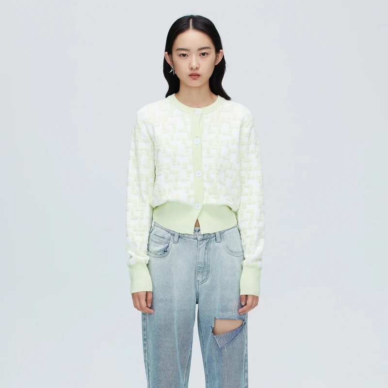 REVAN芮范春秋满印提花字母开衫毛衣O10106287