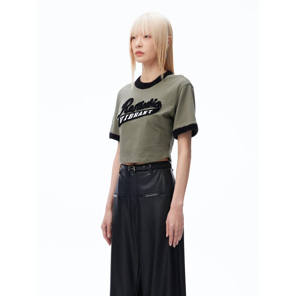 【陈大可专属】REVAN芮范高级感墨绿仿貂毛边T恤RN71001002