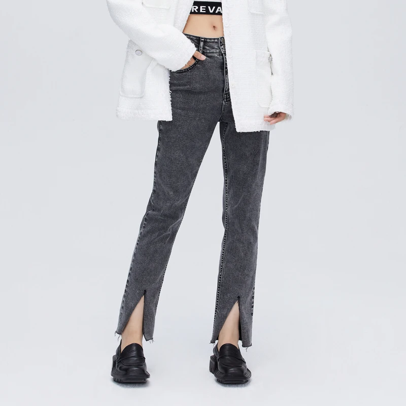 REVAN芮范深灰前开叉水洗牛仔裤O11302111