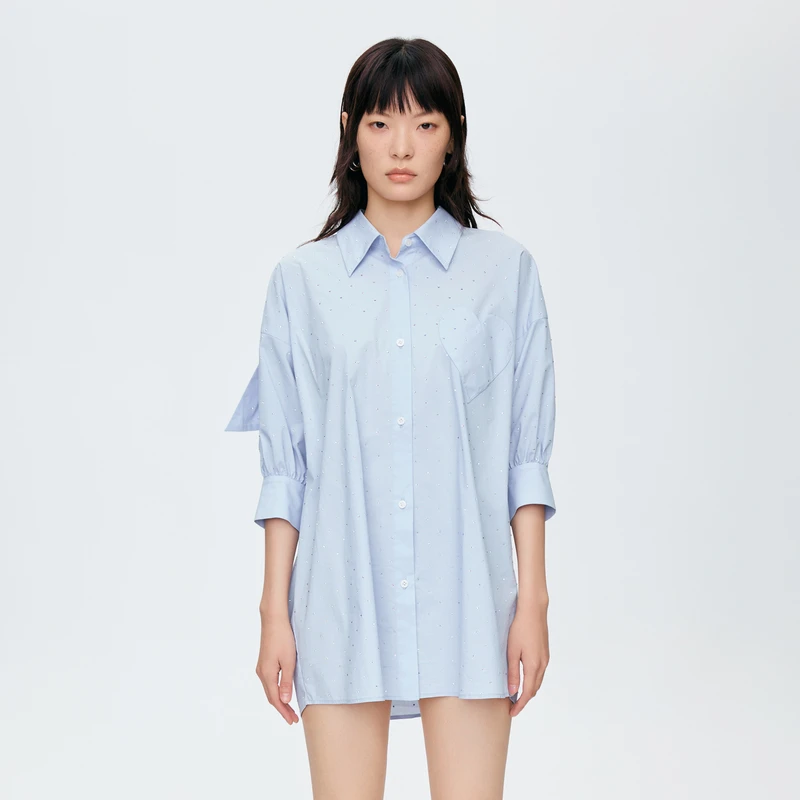 REVAN芮范夏季甜酷烫钻蝴蝶结宽松衬衫O30902081