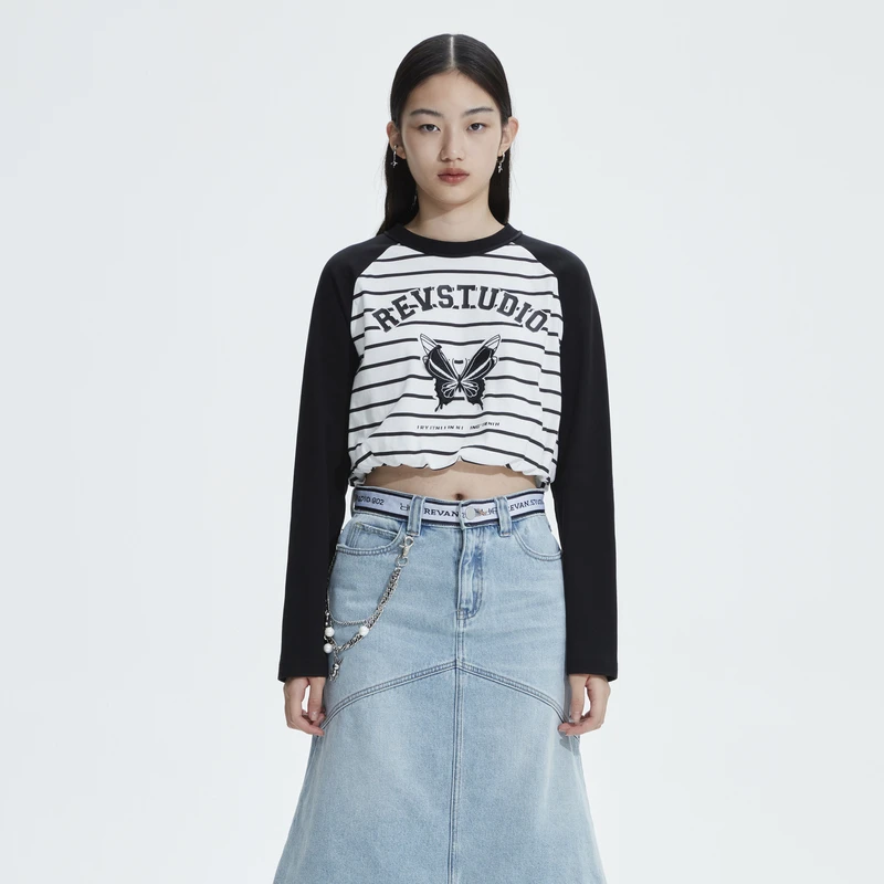 【达人播专属】REVAN芮范印花设计感牛仔黑色T恤卫衣RN11001012