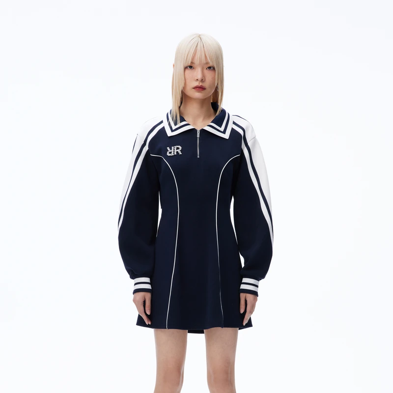 REVAN芮范复古运动风拼色连衣裙RN71101104