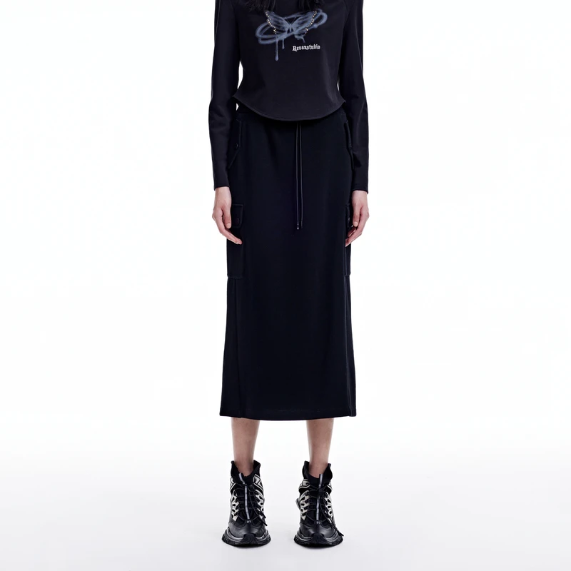 REVAN芮范设计师款街头风通勤黑色中长裙RN91506197