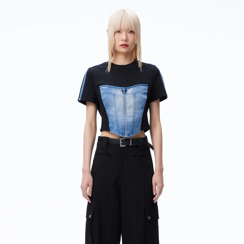 【达人播专属】REVAN芮范设计师款复古运动风拼接牛仔T恤RN71001265