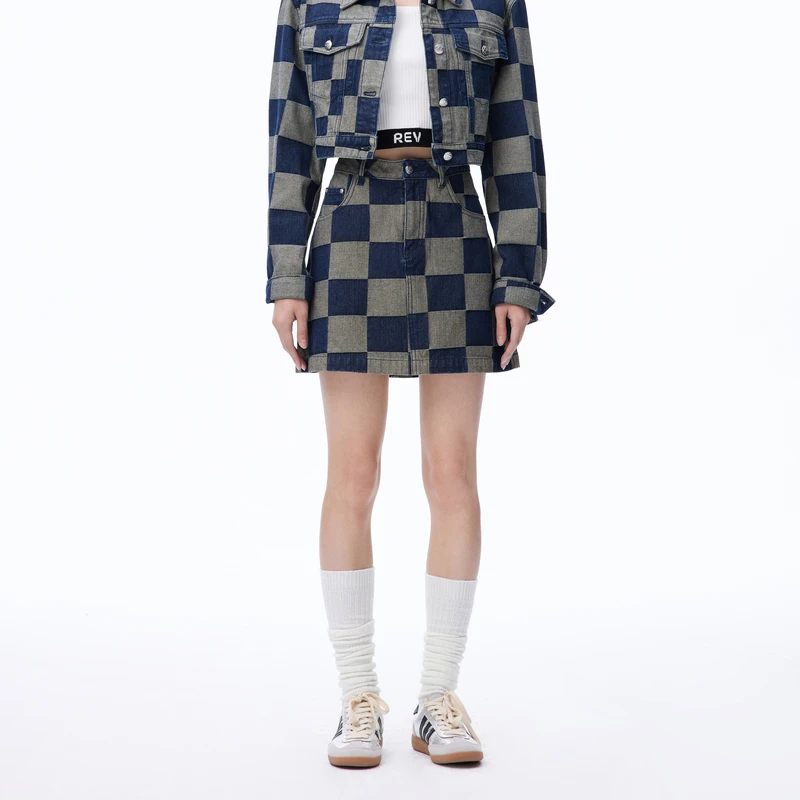REVAN芮范设计师款复古感格子牛仔短裙RN71502156