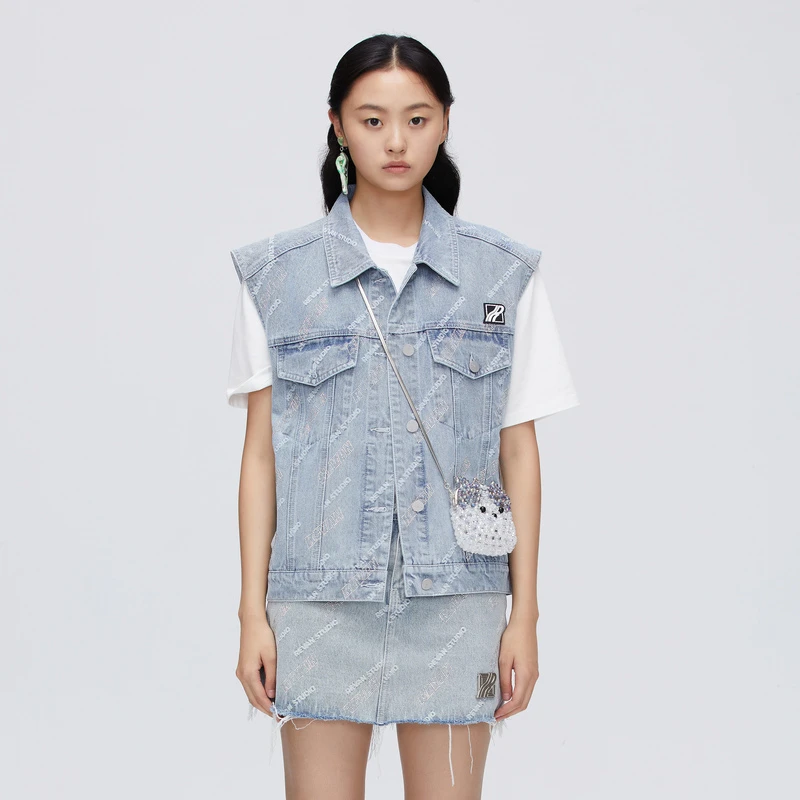 REVAN芮范甜酷风烫钻街头牛仔马夹O10703211