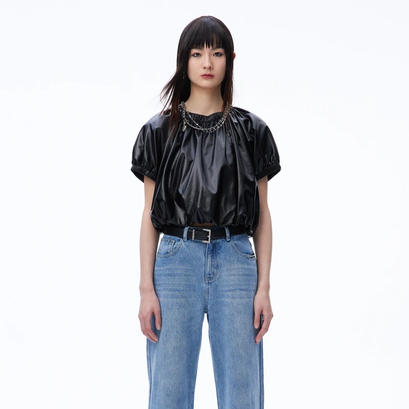 【达人播专属】REVAN芮范复古甜酷黑色皮质上衣RN70801041