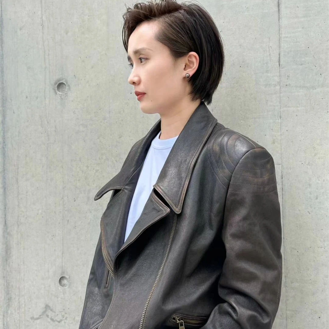 臻极【芝加哥】复古机车夹克小羊皮皮衣普la达同版手工做旧FGPY1107