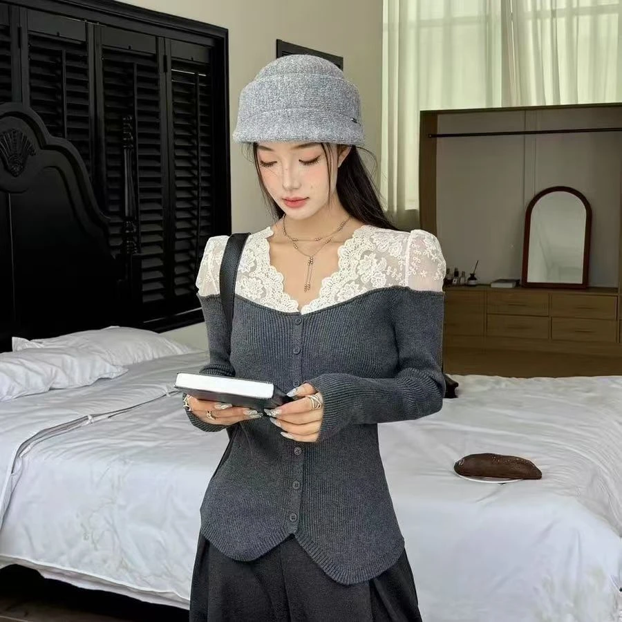 欧洲站2024新款欧货气质法式轻熟温柔风蕾丝拼接开衫长袖上衣女