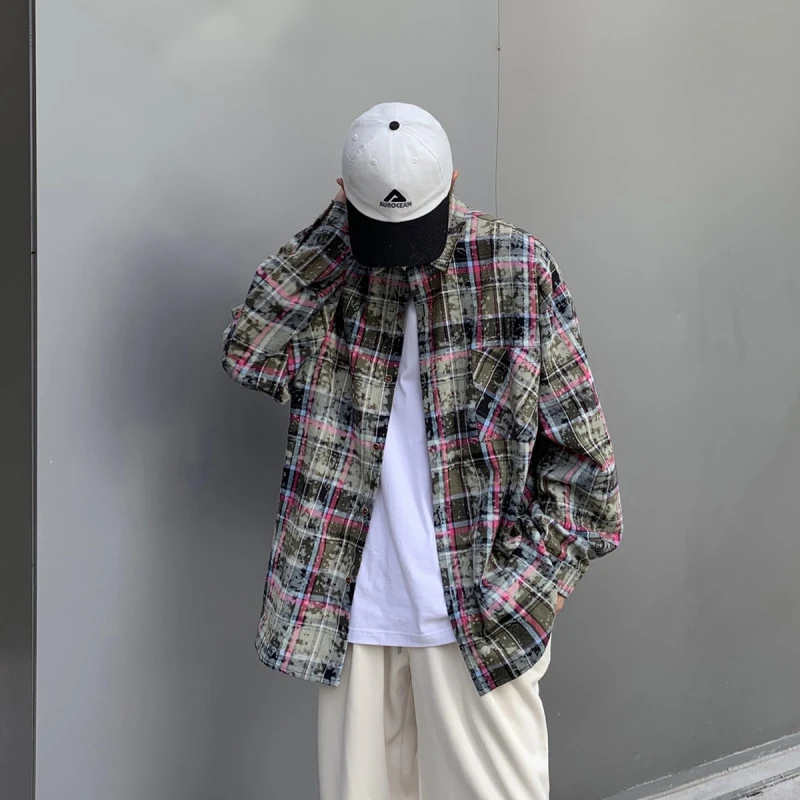 复古扎染格子衬衫男士纯棉长袖美式水洗做旧宽松衬衣外套青春潮流