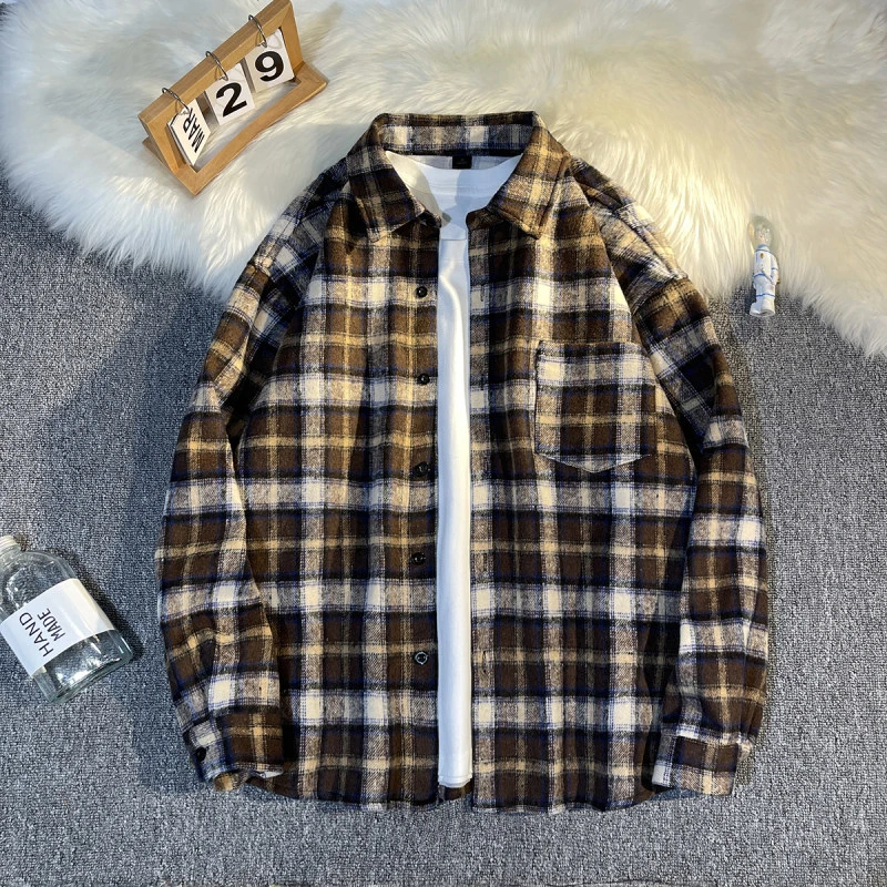 秋冬新款复古宽松休闲衬衣加厚外套男士港风格子衬衫长袖情侣上衣