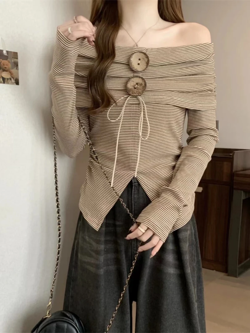 法式小众撞色条纹一字肩长袖T恤女早秋2024气质修身短款露肩上衣