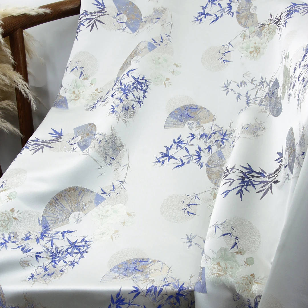 【新竹扇青花瓷色】织锦缎双面提花国风面料新中式风格布料【ZV7129】