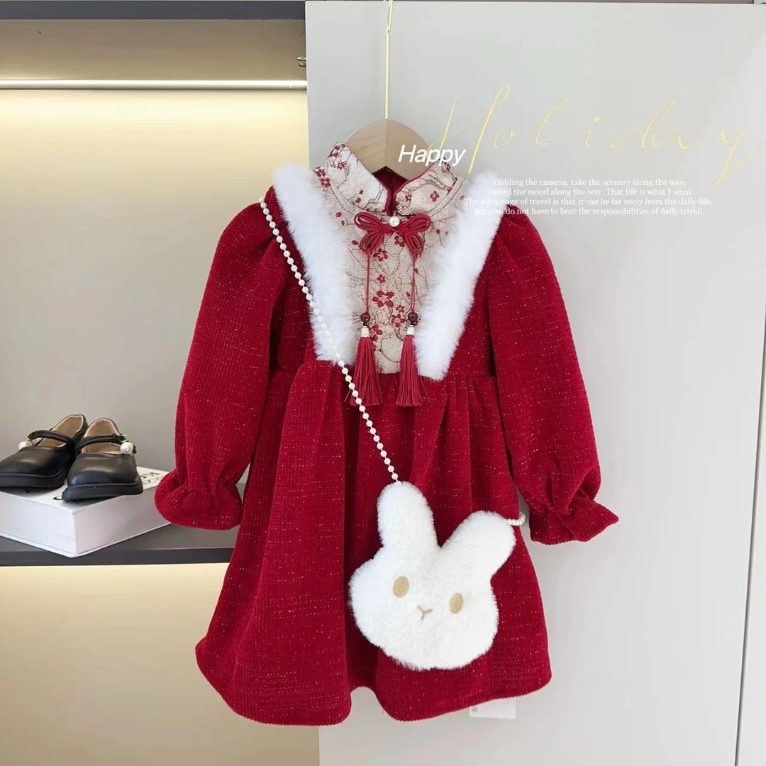 汤圆家童装2024新款新中式盘扣加绒连衣裙 Y-6116