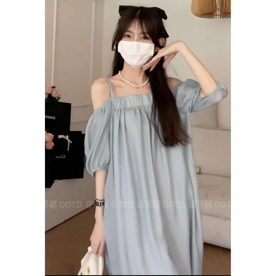 【爱情海】法式设计感简约气质超仙一字领吊带裹胸两穿系带连衣裙