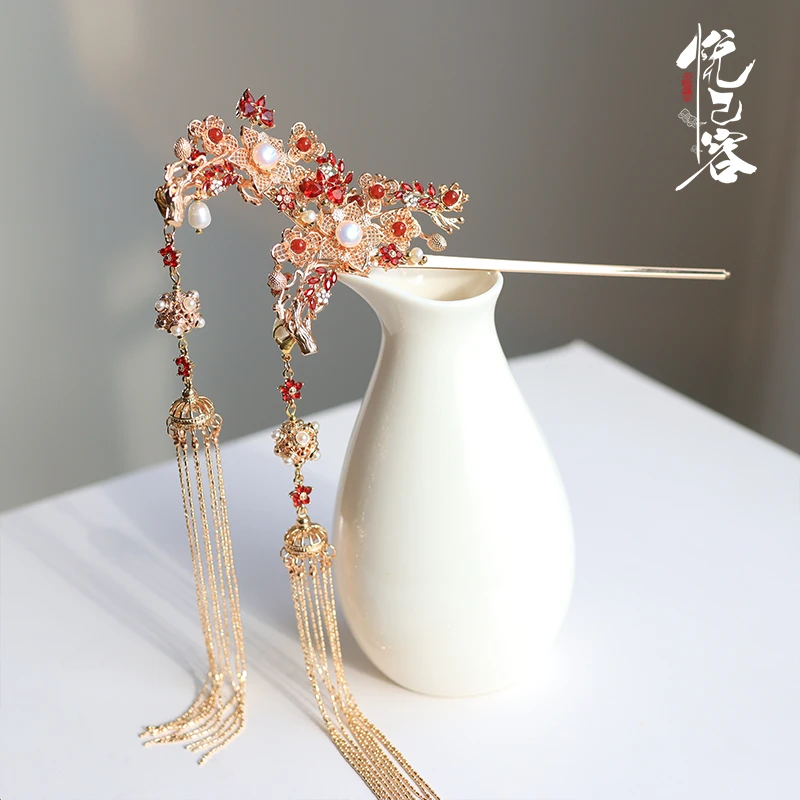悦己容[红梅雪]古风发饰保色铜长流苏发簪子流苏新年大红汉服头饰