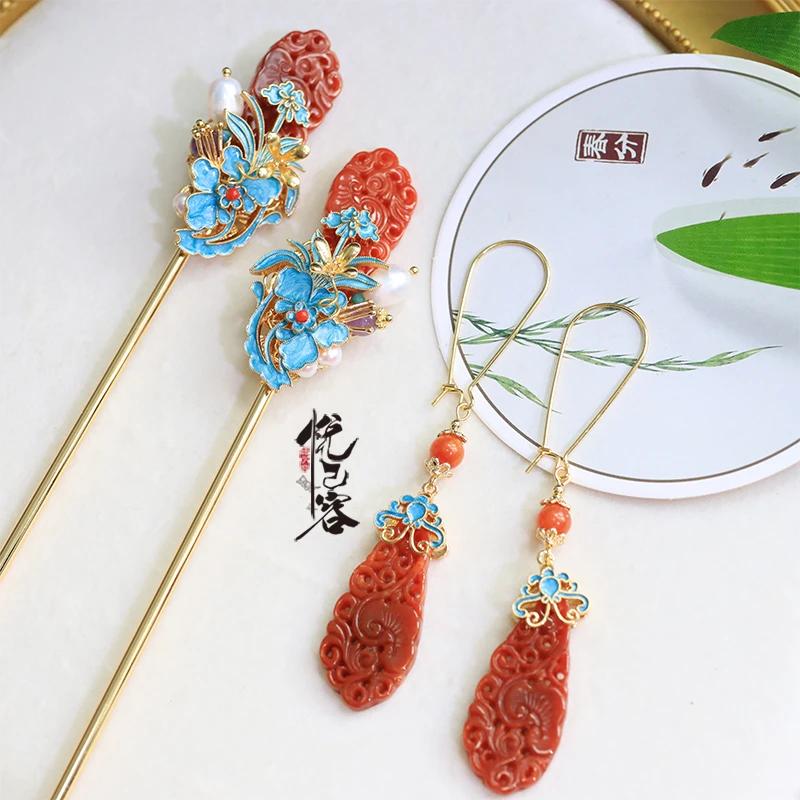 悦己容[枫月火]原创复古风景泰蓝发饰汉服百搭头饰古典气质发簪子