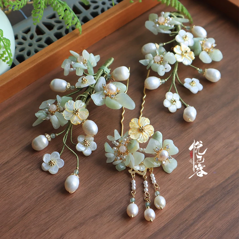 悦己容[春山碧]复古风发夹小清新U钗汉服百搭点缀仙气头饰