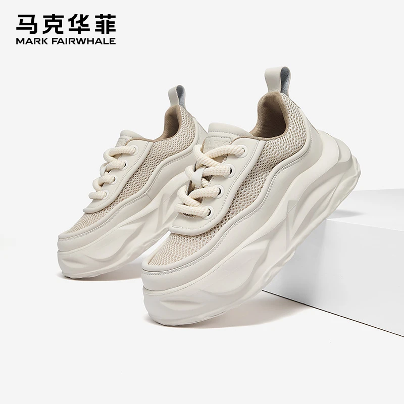 马克华菲男鞋夏季透气网面厚底小白鞋男士休闲板鞋增高运动鞋男款