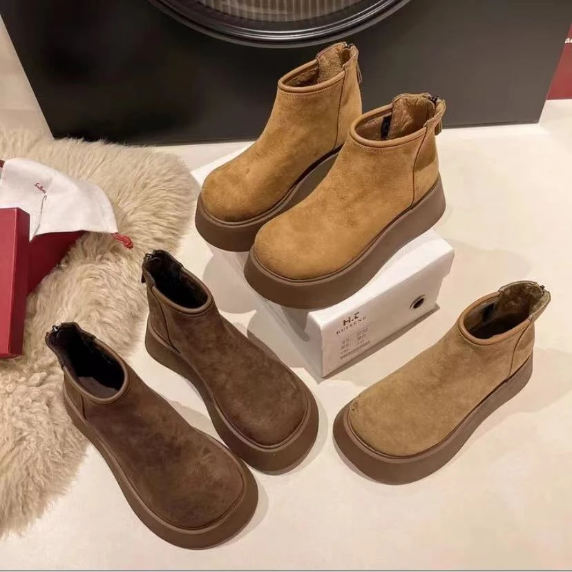 厚底增高勃肯鞋女马丁靴2024新款秋冬季加绒保暖短靴P6066