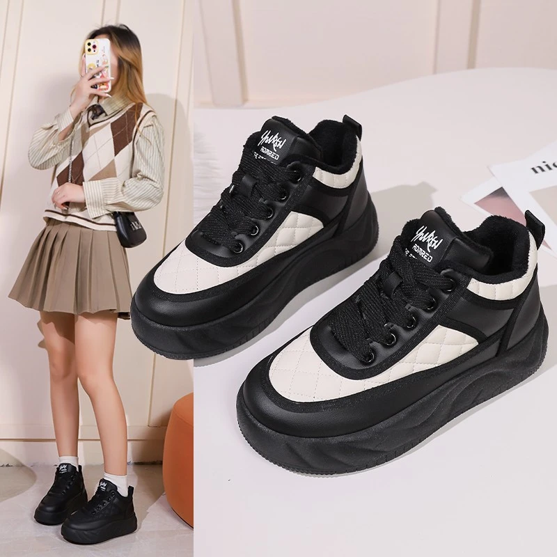 厚底加绒高帮鞋女2023秋冬新款复古鞋松糕鞋时尚保暖面包鞋
