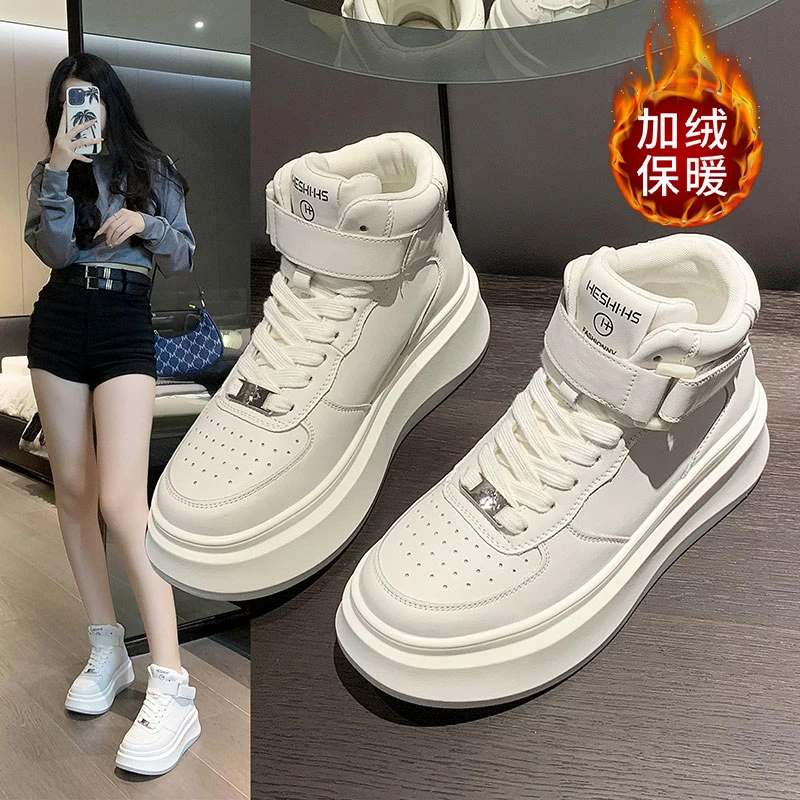 小白鞋女厚底高帮鞋2024年秋冬季新款小白鞋舒适时尚休闲系P6501