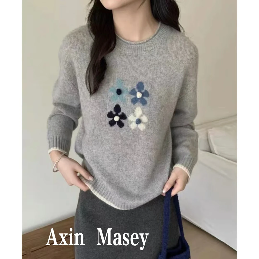 阿欣家~圆领立体小花 软糯舒服温柔小花针织毛衣Z00620