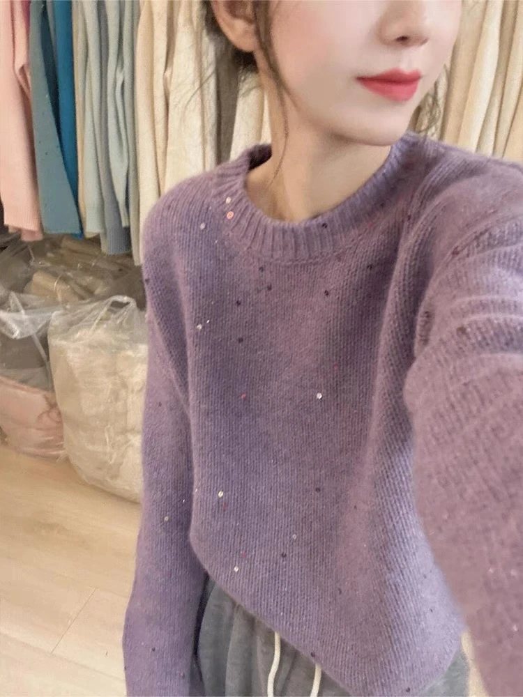 阿欣家~满天星珠片绣软糯绵羊毛山羊绒针织衫毛衣女Z00810