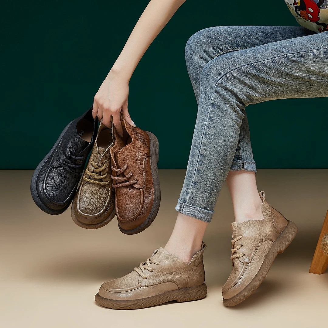 头层牛皮短靴女2024秋季浅口圆头V口复古手工平底系带单鞋