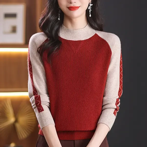 秋冬新款拼接宽松显瘦洋气百搭保暖长袖打底衫女士时尚针织衫43