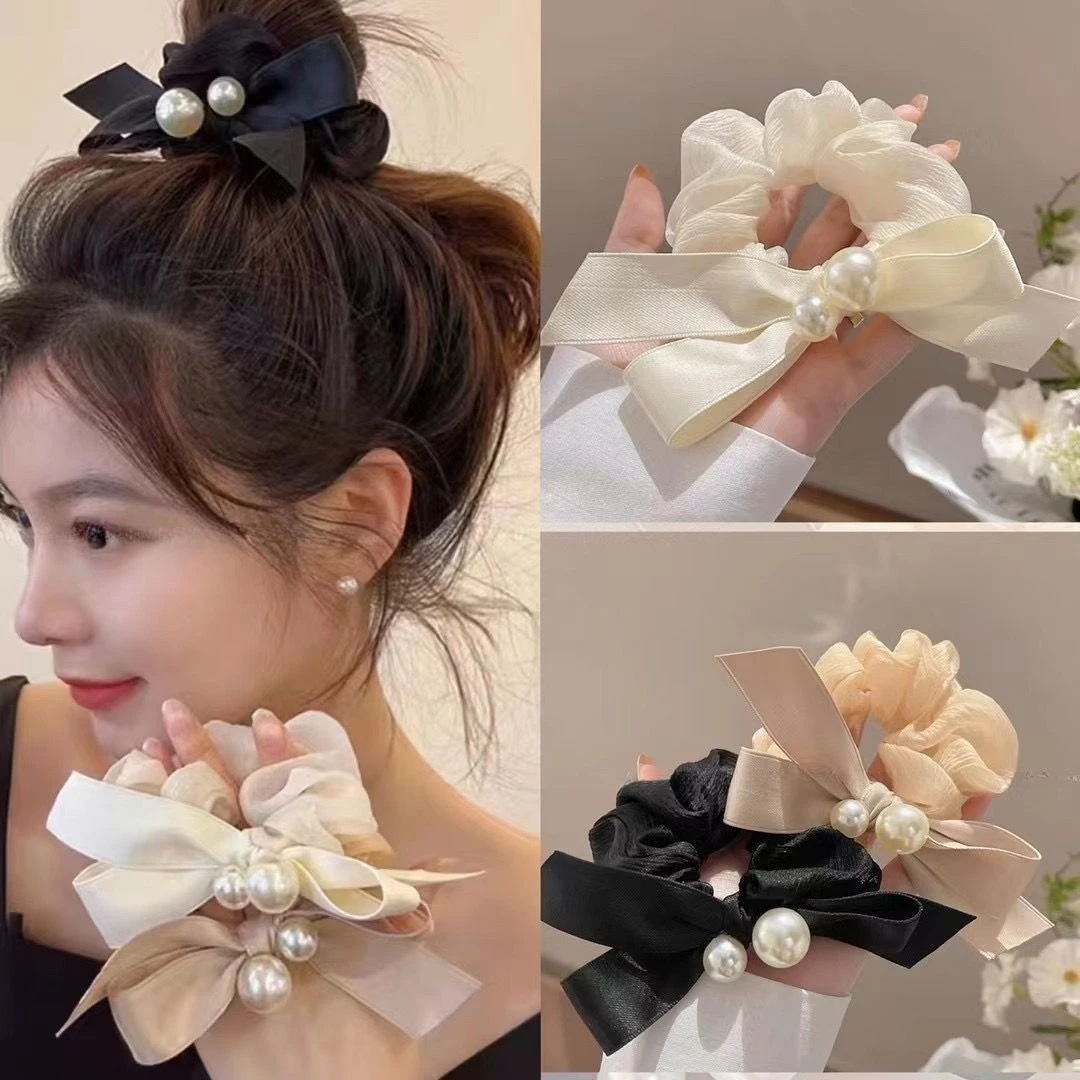 新款黑色高弹力蝴蝶结珠发绳女式发饰发圈橡皮筋头饰2025款