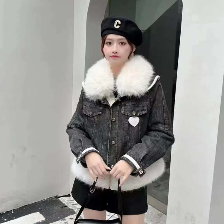 #5116 冬季新款加绒加厚款大毛领女短款牛仔拼接保暖外套两件套