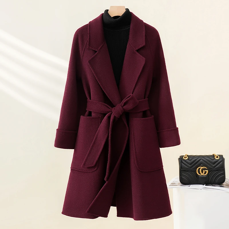 拉菲红双面羊绒大衣中长款2024新款气质羊毛羊毛呢子外套秋冬季