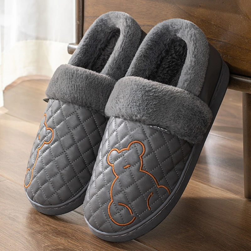 男士棉拖鞋秋冬季2024新款包跟室内居家防臭防滑保暖防水PU棉鞋女
