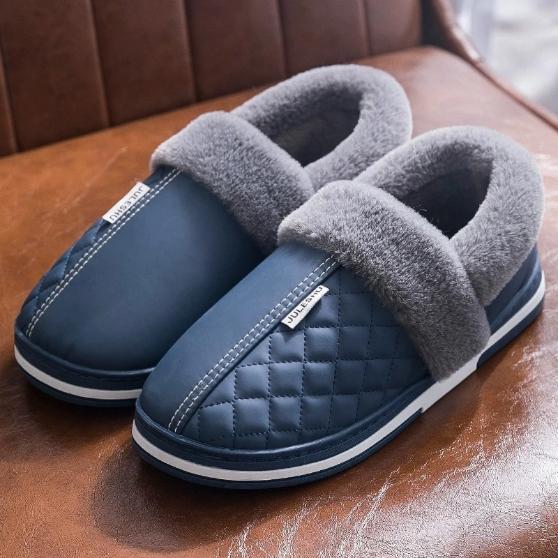 包跟棉拖鞋男士冬季2024新款家居室内防水防滑保暖皮面棉鞋冬5009