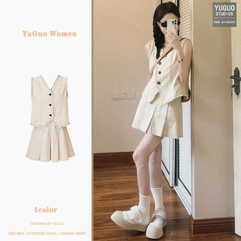 小香风盐系穿搭一整套高级感女夏季气质马甲百褶半身裙子两件套装