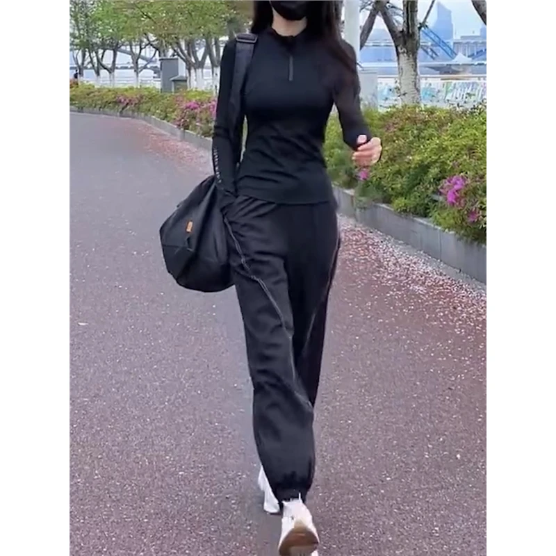 长袖立领黑色修身显瘦瑜伽服宽松轻薄透气瑜伽裤运动健身瑜伽套装