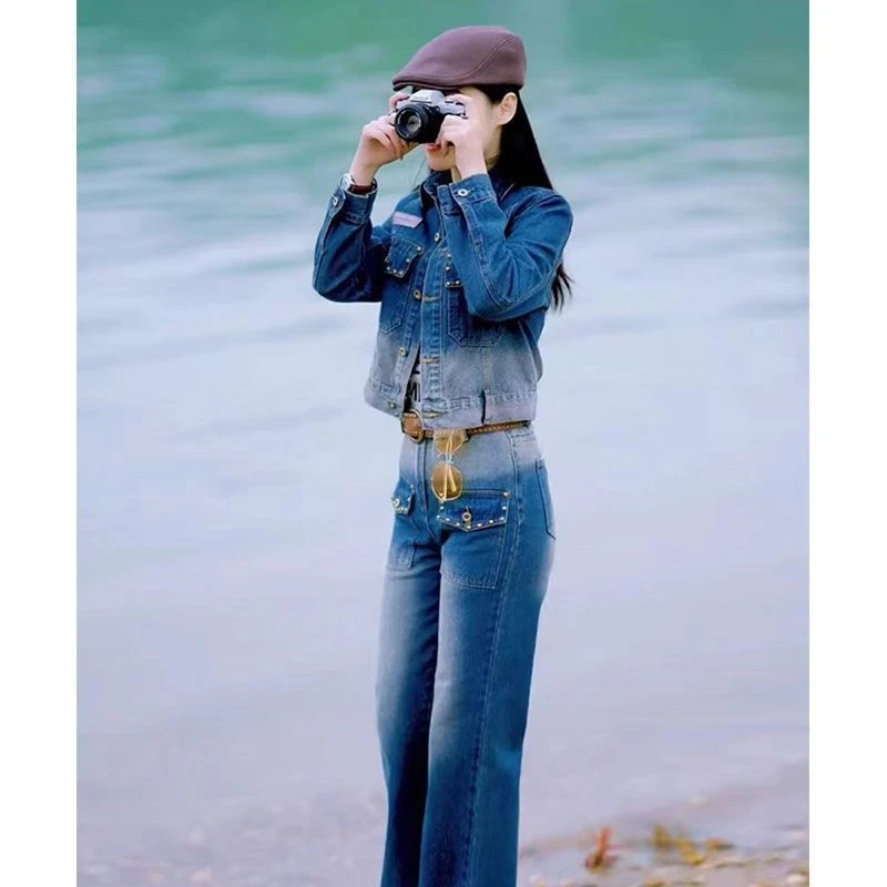 高级感小洋装小香风复古蓝色牛仔活泼减龄两件套装2024早春装新款