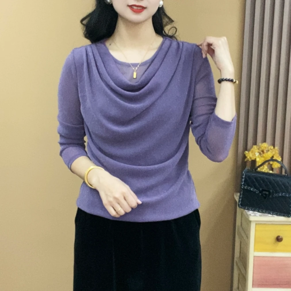 2023秋季长袖网纱时尚气质显瘦洋气堆堆领纯色上衣百搭小231001