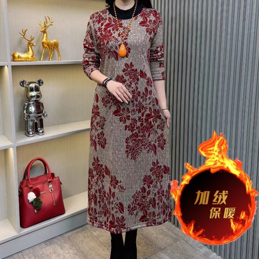 2023年秋冬新款加绒加厚时尚印花显瘦连衣裙中老年妈妈装保暖裙子