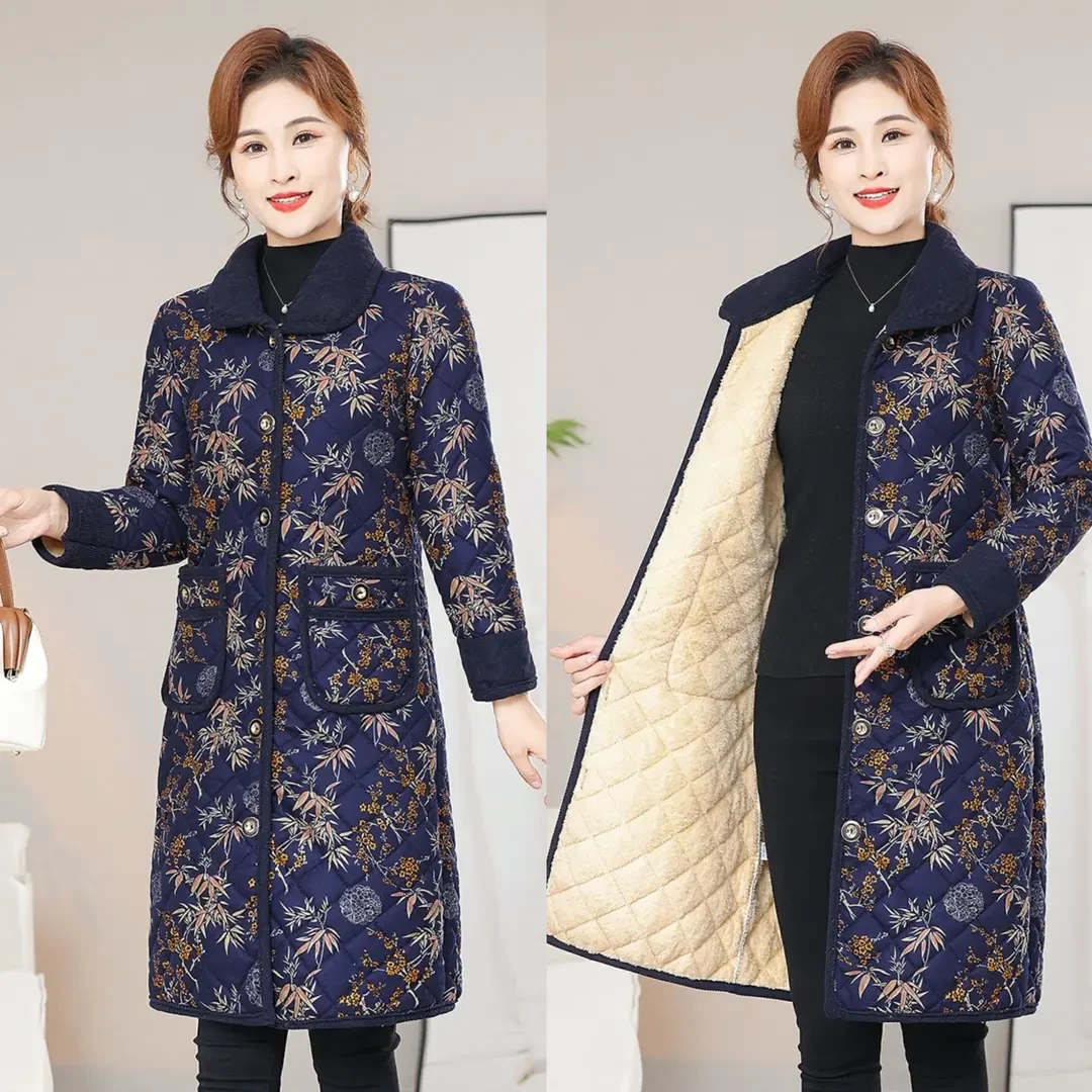 妈妈装冬季中长款棉衣中老年新款碎花加绒加厚保暖棉服外套女