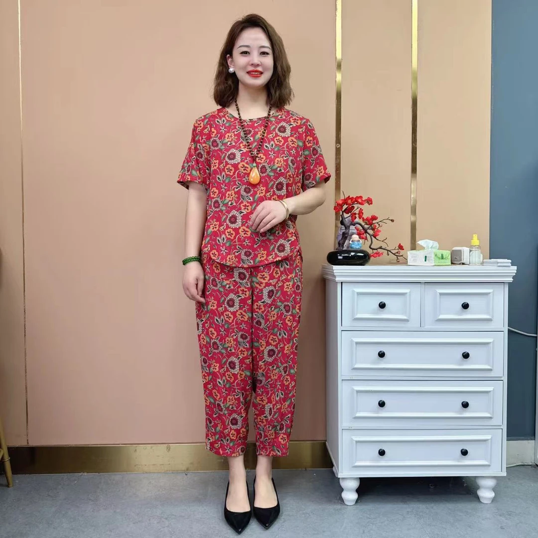 #688夏季时尚欧式套装新款洋气宽松显瘦气质两件套妈妈装女装大码