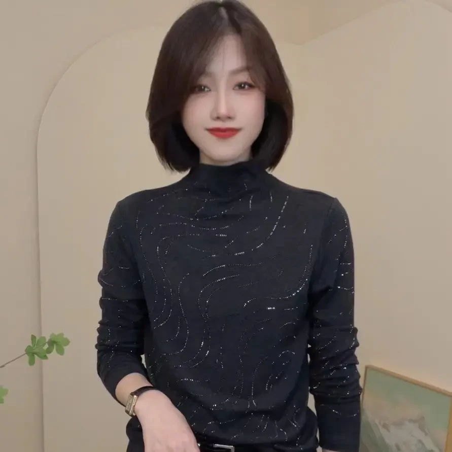 2098秋季新款半高领长袖时尚烫钻休闲T恤设计感气质女士修身小衫