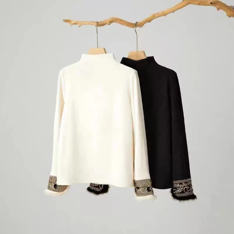 2024新中式国风上衣打底衫网红提花洋气时尚半高领长袖显瘦百搭女