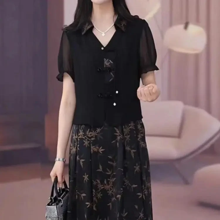 蕾丝显瘦气质时尚洋气连衣裙夏季复古中长款拼接假两件裙子